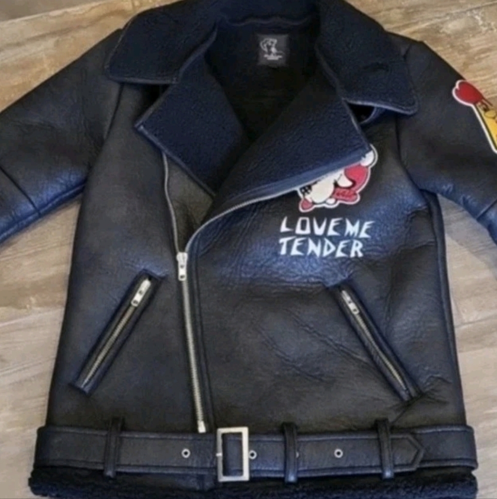 Rare Faux Leather Faux Shearling Collar & Lining Moto Punk Retro Biker Jacket, S